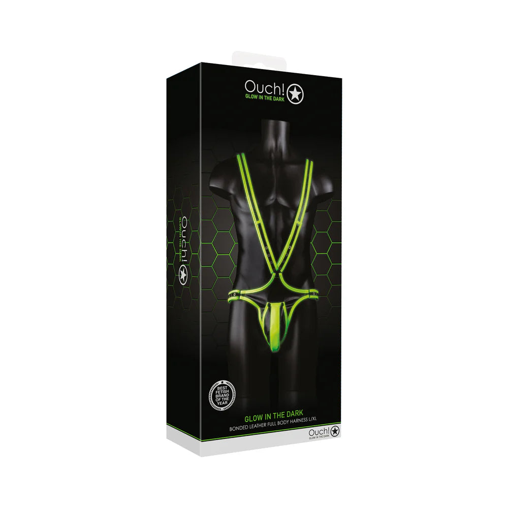 Ouch! Glow in the Dark Bonded Leather Full-Body Harness Neon Green L/XL by Shots America LLC