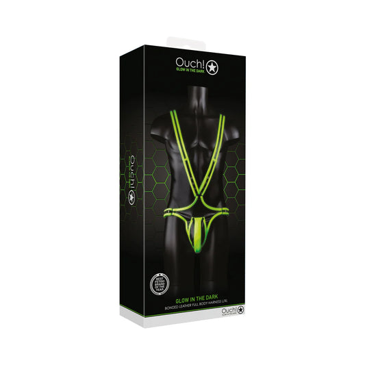 Ouch! Glow in the Dark Bonded Leather Full-Body Harness Neon Green L/XL by Shots America LLC