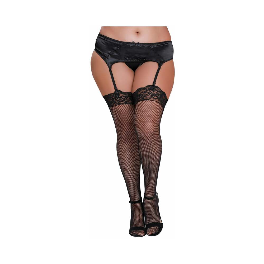 Dreamgirl Plus-Size Fishnet Thigh-High Stockings With Lace Top Black Queen by Dreamgirl International