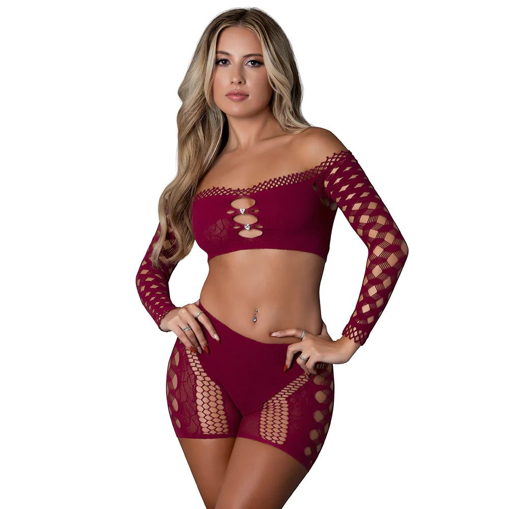 Magic Silk Seamless Crop Top & Short Set Burgundy O/S by Magic Silk