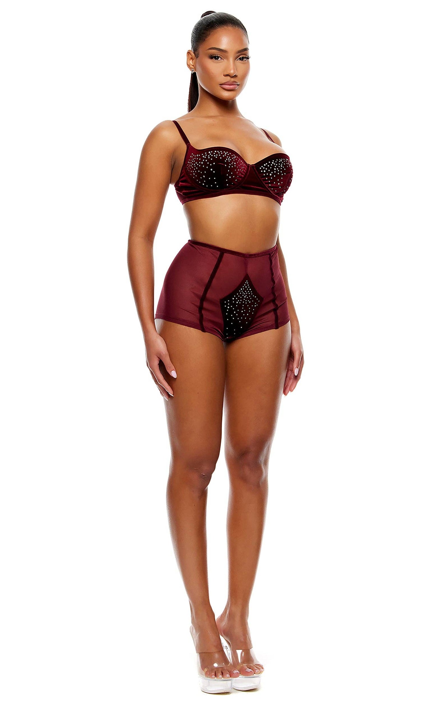 Caught Your Eye Velvet Rhinestone Bra and Briefs Lingerie Set - Wine