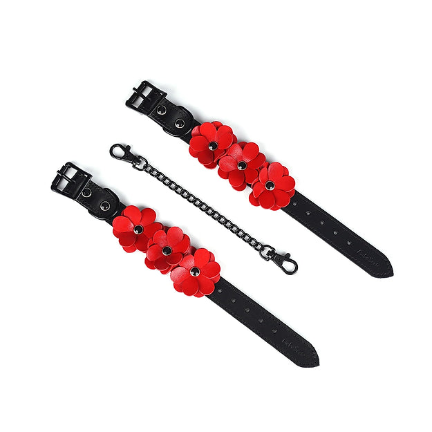 Liebe Seele- Black and Red Leather Flowers Hand Cuffs by Liebe Seele