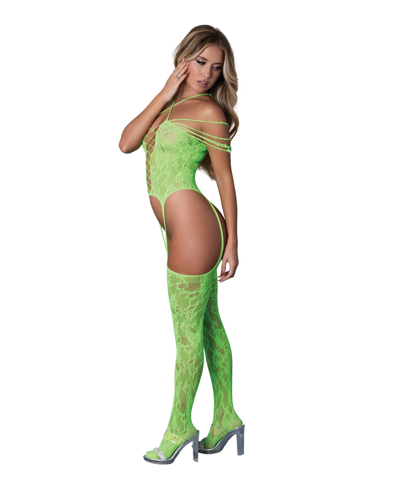 Seamless Strappy Body Stocking - Neon Green O/S by Magic moments int'l