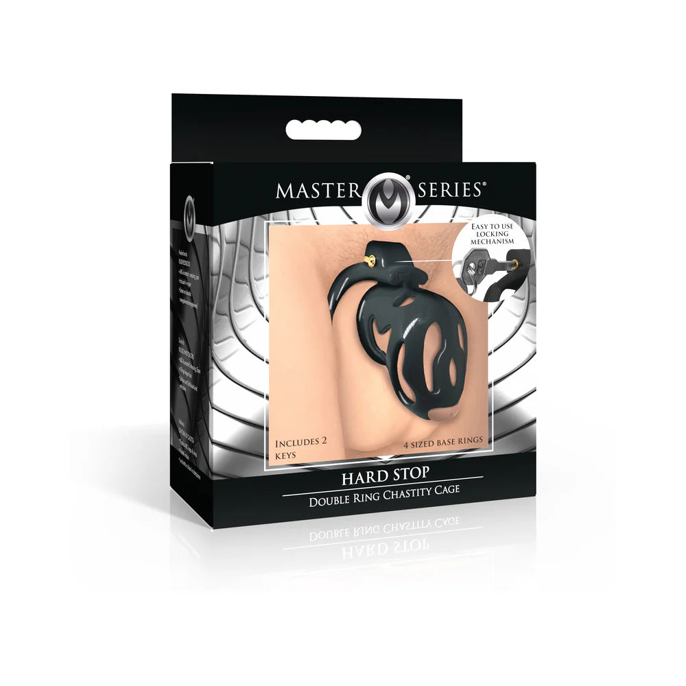 Master Series Hard Stop Double Ring Chastity Cage - Black by Xr llc