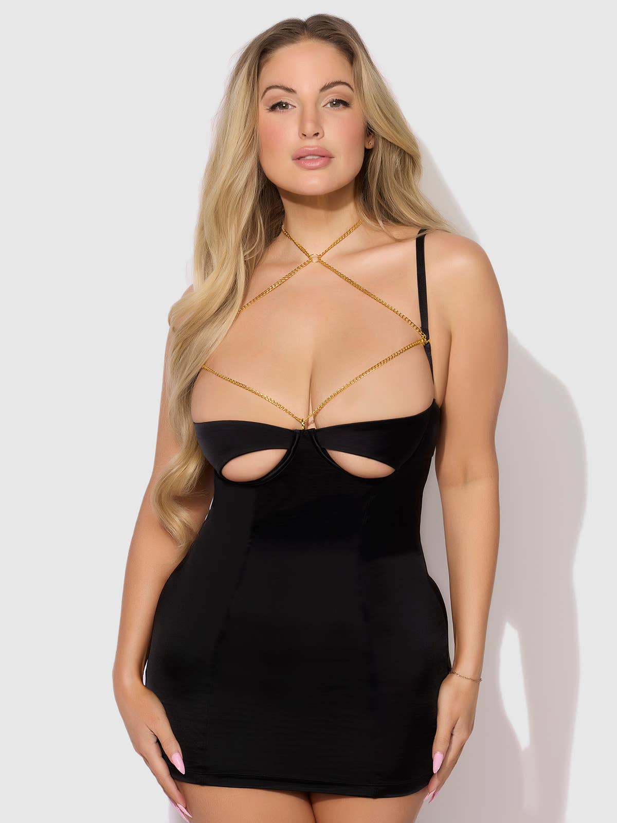 EVANGELINE SATIN & CHAIN CUTOUT CUP & OPEN BACK CHEMISE SET by House of Desire