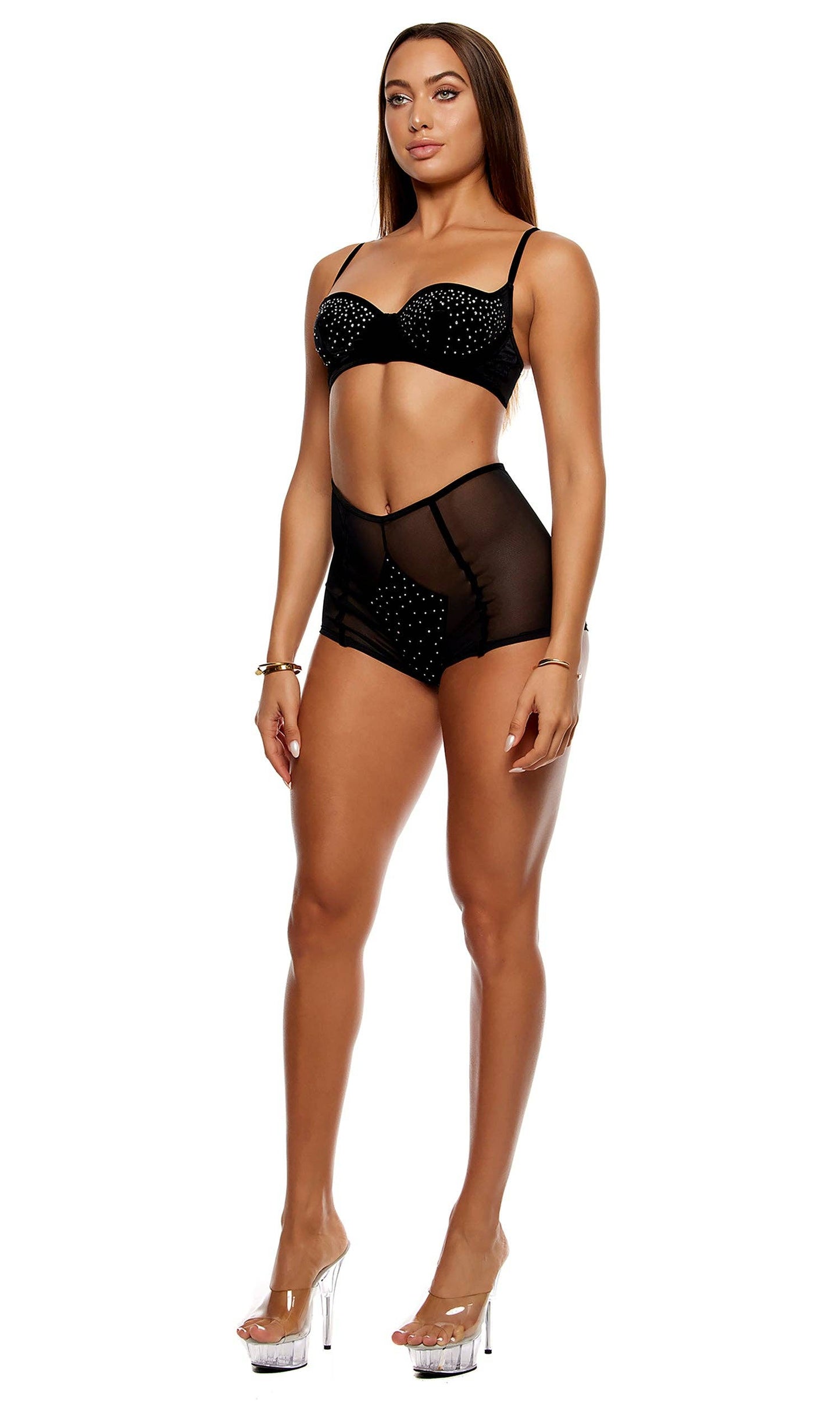 Caught Your Eye Velvet Rhinestone Bra and Briefs Lingerie Set - Black