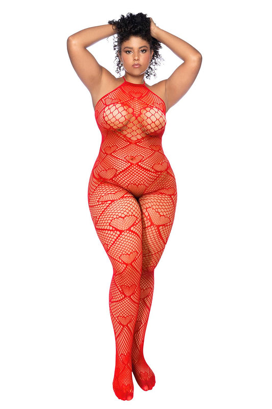 X Heart Fishnet Bodystocking with Rhinestone- Curvy OS