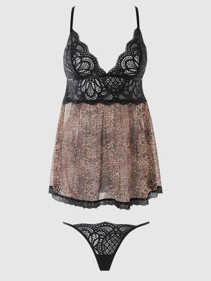 FELICIA LEOPARD MESH & LACE BABYDOLL SET by House of Desire