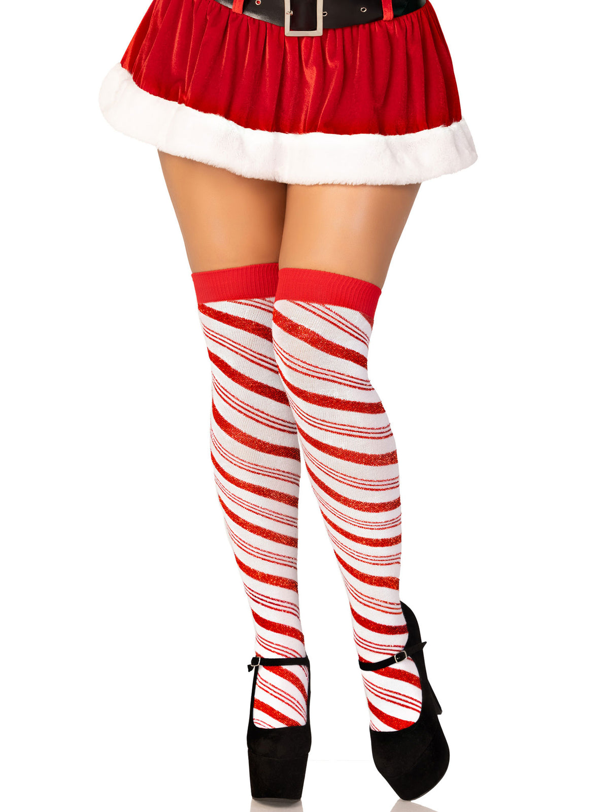Leg Avenue - Candy Cane Lurex Striped Socks - Over the Knee - Os - White/red by Leg Avenue