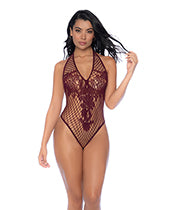 Floral Convertible Top Fishnet Bodysuit - Burgundy O/S by Eldorado Trading Company