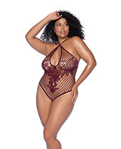 Floral Convertible Top Fishnet Bodysuit - Burgundy QN by Eldorado Trading Company