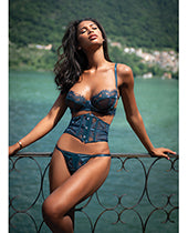 Eden Scalloped Eyelash Lace &amp; Wet Look Waspie 3 pc Set - Teal MD