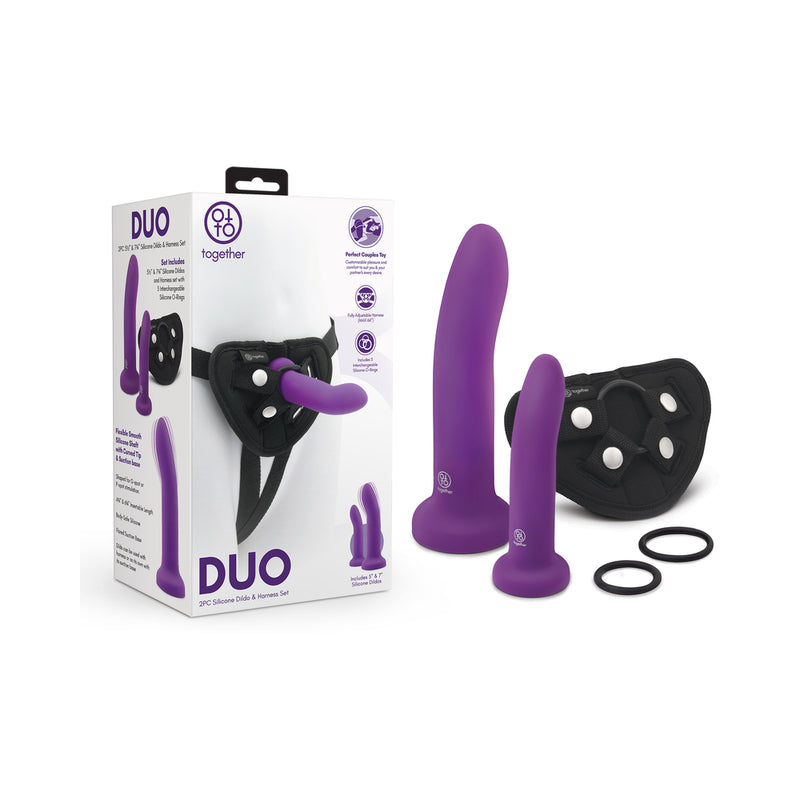 Together Duo Silicone 2-Piece 5.5 in. & 8 in. Dildo and Harness Set Purple by Electric EEL Inc.