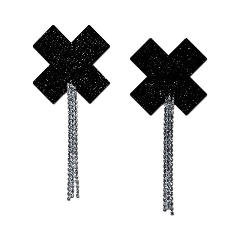 Pastease Tassel Pasties: Black Sparkle Plus X with Long Rhinestone Tassel by Pastease