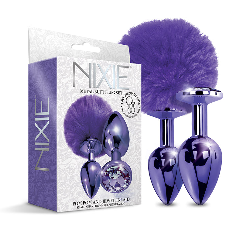 NIXIE Metal Butt Plug Set Pom Pom and Jewel-Inlaid Metallic Purple by Global Novelties LLC