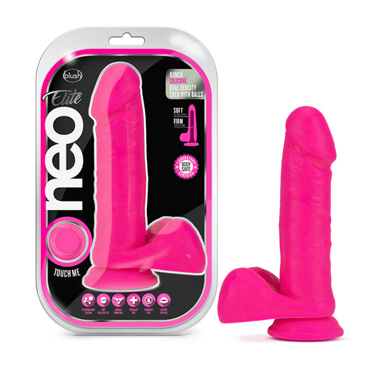 Neo Elite 8 in. Silicone Dual Density Dildo With Balls Neon Pink by Blush