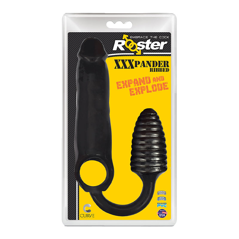Curve Toys Rooster XXXPANDER Ribbed Penis Extender Sheath with Cockring & Anal Plug Black by XR llc DBA Curve