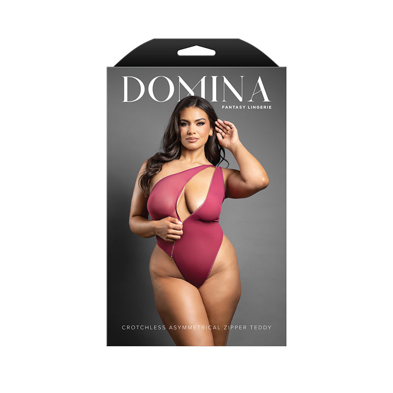 Fantasy Lingerie Domina Crotchless One-Shoulder Teddy with Asymmetrical Front Zipper Berry Queen Size by Fantasy Lingerie