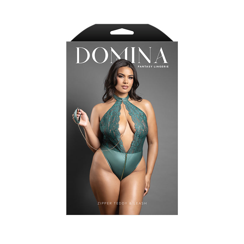 Fantasy Lingerie Domina Keyhole Halter Teddy with Detachable Chain-Link Leash Pine Green Queen Size by Fantasy Lingerie