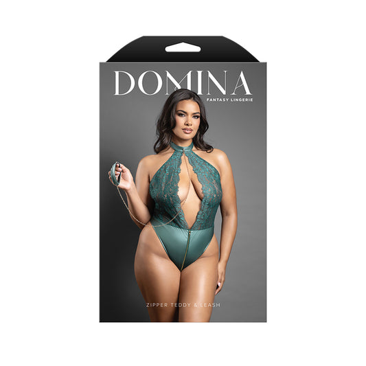 Fantasy Lingerie Domina Keyhole Halter Teddy with Detachable Chain-Link Leash Pine Green Queen Size by Fantasy Lingerie