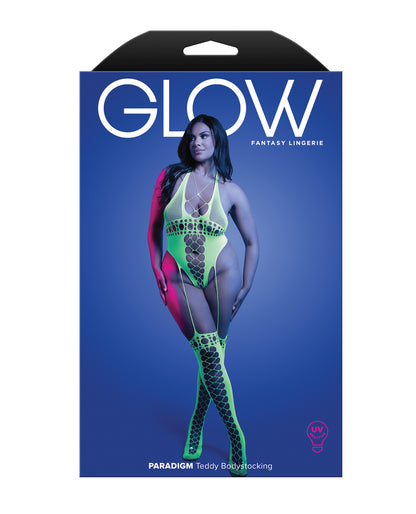 Paradigm UV Reactive Halter Teddy Bodystocking - Neon Green QN by Glow by Fantasy Lingerie