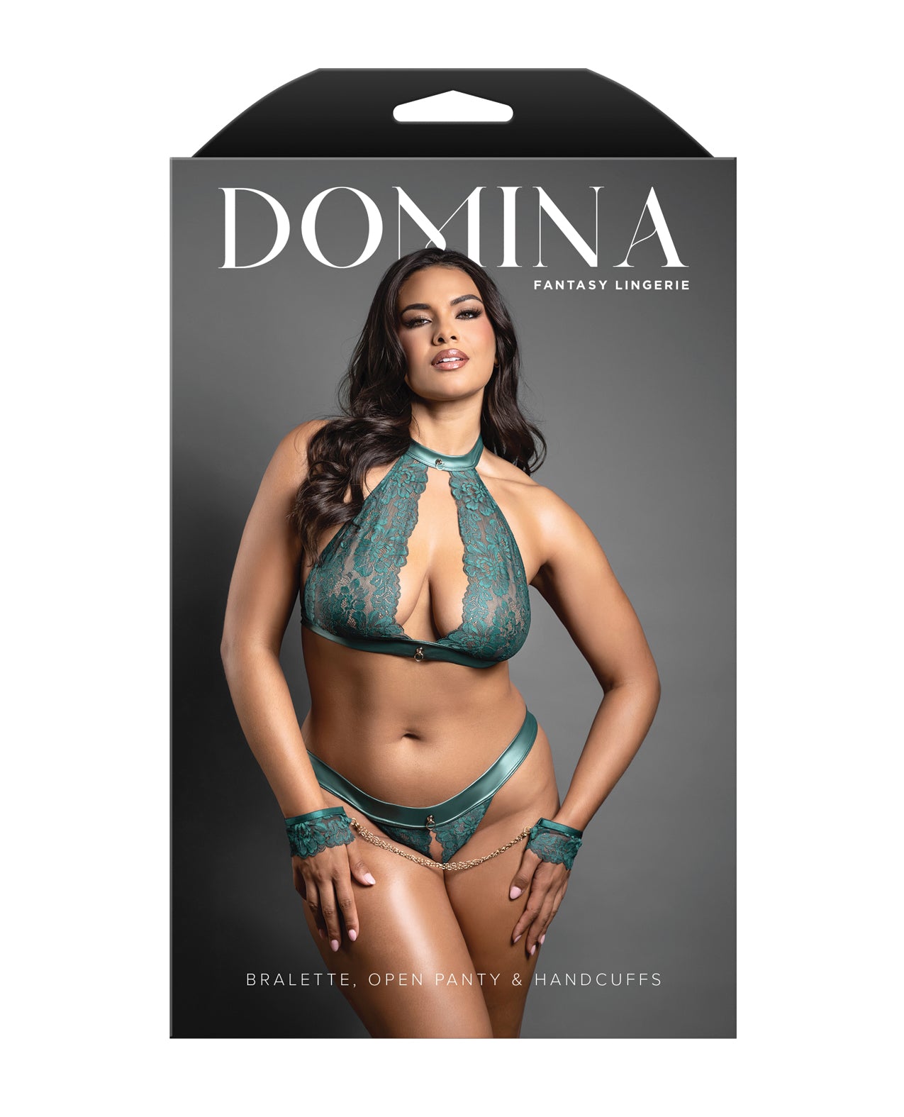 Domina Lace Bralette & Open Panty w/Detachable Chain-Link Handcuffs - Green QN by Domina by Fantasy