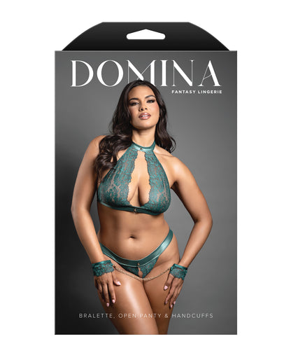 Domina Lace Bralette & Open Panty w/Detachable Chain-Link Handcuffs - Green QN by Domina by Fantasy