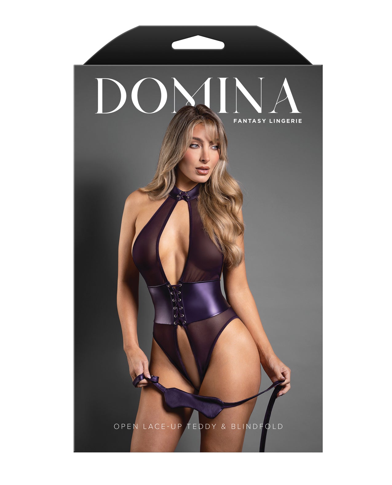 Domina Open Halter Teddy in Mesh & Leatherette w/Matching Blindfold - Purple L/XL by Domina by Fantasy