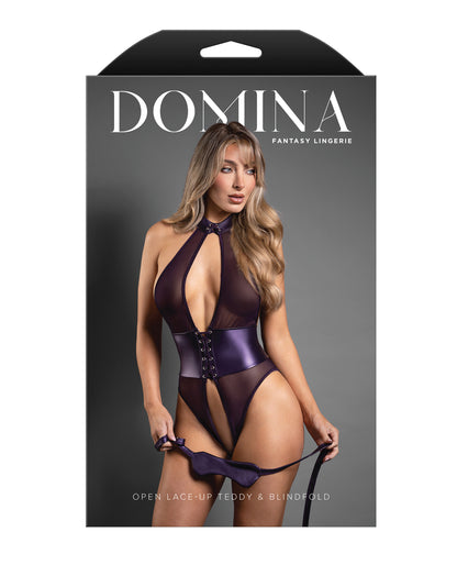 Domina Open Halter Teddy in Mesh & Leatherette w/Matching Blindfold - Purple L/XL by Domina by Fantasy