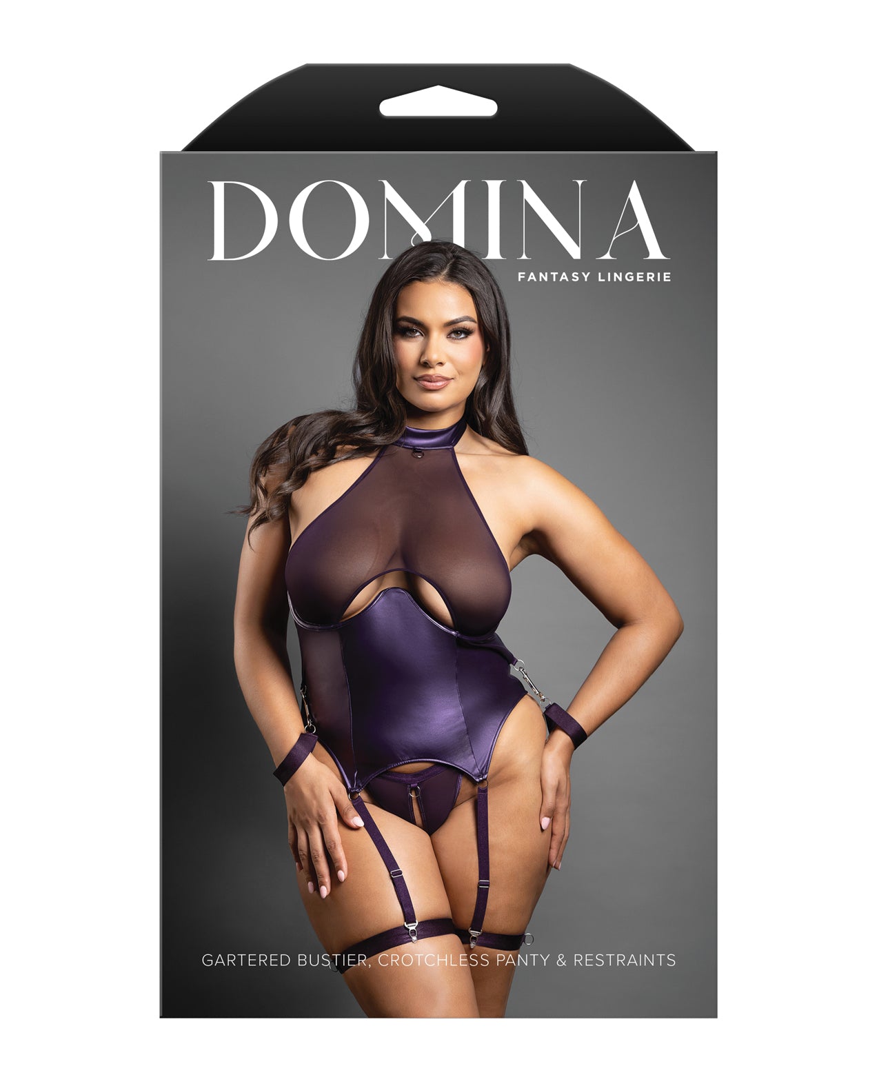 Domina Mesh Gartered Bustier & Crotchless panty Set w/Restraints - Purple QN by Domina by Fantasy