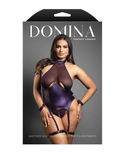 Domina Mesh Gartered Bustier & Crotchless panty Set w/Restraints - Purple QN by Domina by Fantasy
