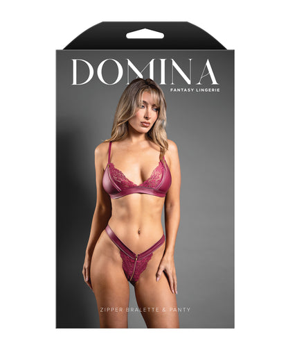 Domina Lace Bralette & Panty in Leatherette w/Zipper Detail - Berry S/M by Domina by Fantasy