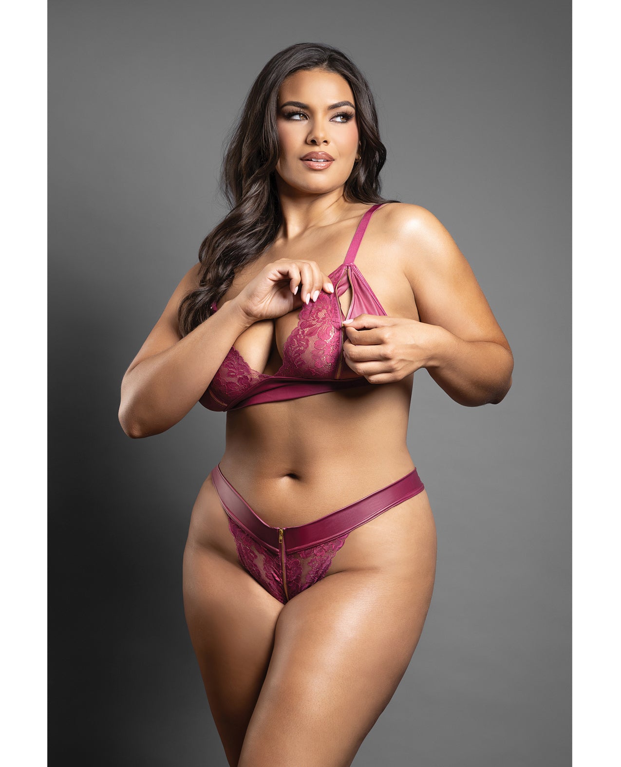 Domina Lace Bralette & Panty in Leatherette w/Zipper Detail - Berry QN by Domina by Fantasy