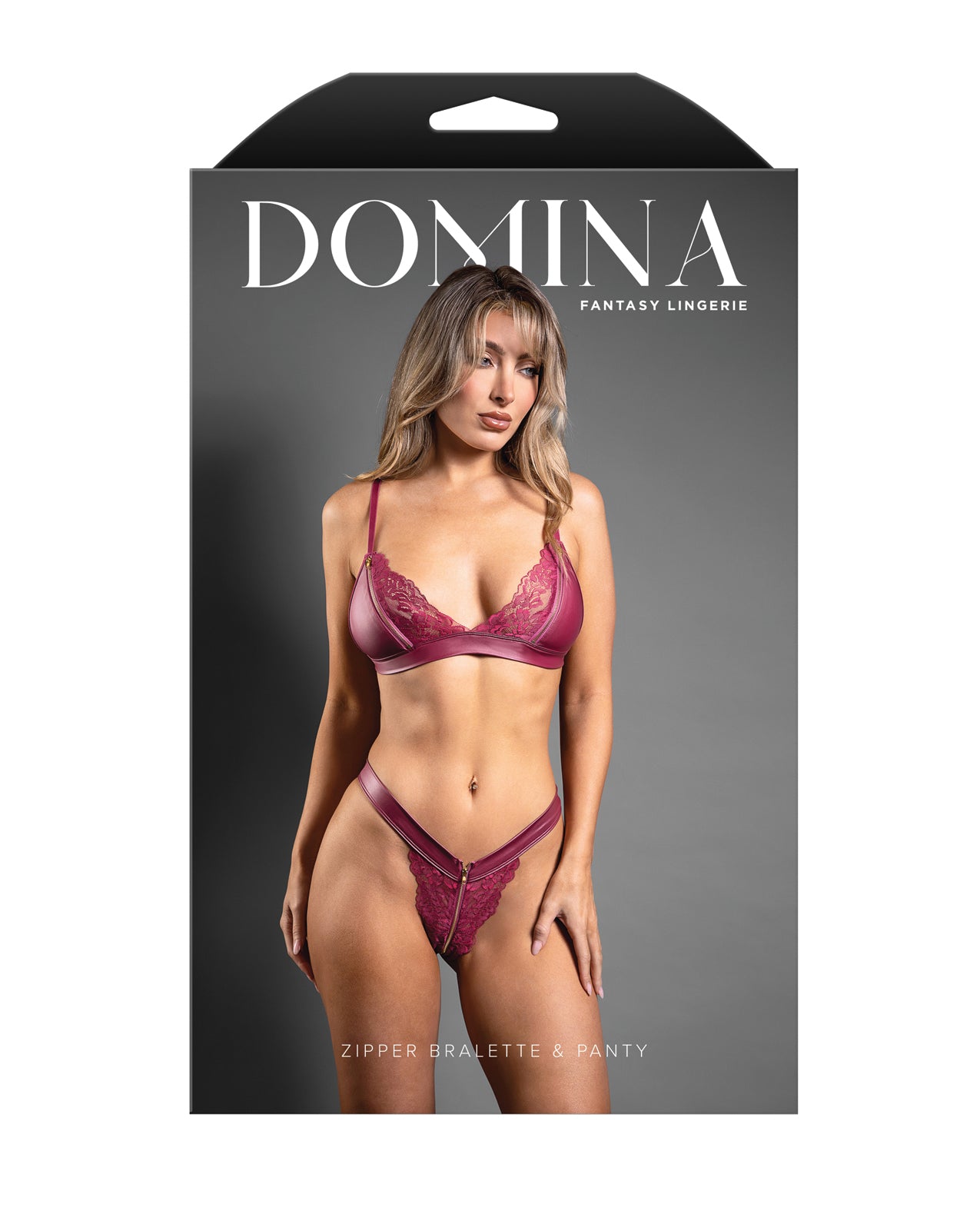 Domina Lace Bralette & Panty in Leatherette w/Zipper Detail - Berry M/L by Domina by Fantasy