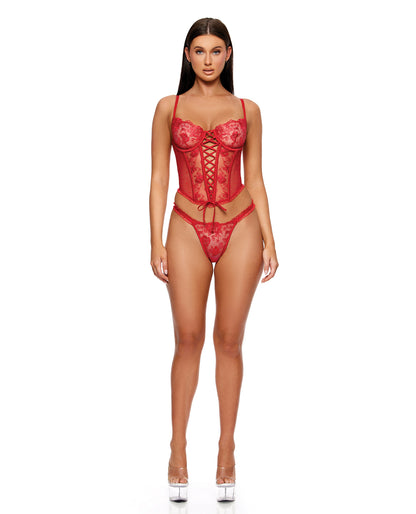 La Vie En Rose Embroidered Bustier w/Panty - Red SM by Forplay