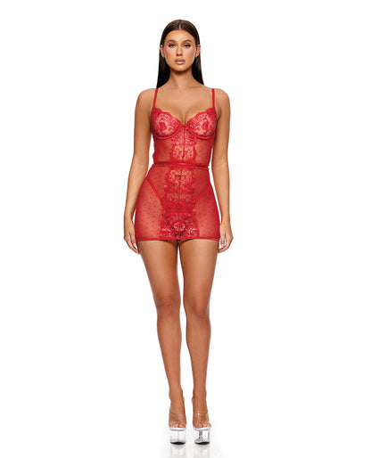 La Vie En Rose Metallic Embroidered Chemise, Panty & Belt 3 pc Set - Red LG by Forplay