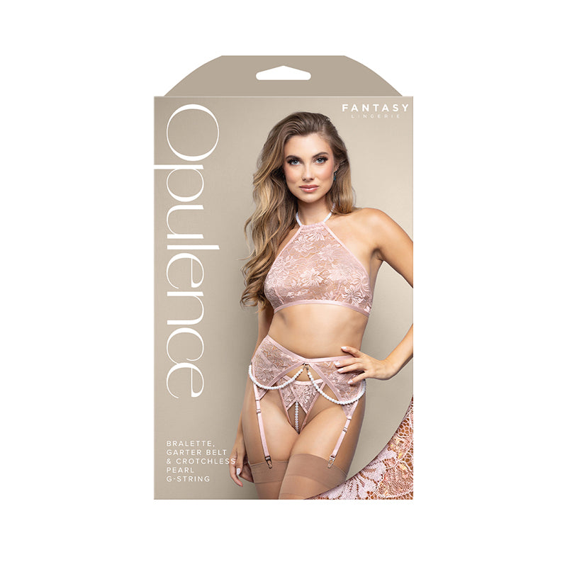 Fantasy Lingerie Opulence Pearl Halter Bralette, Garter Belt & Crotchless Pearl G-String Light Pink L/XL by Fantasy Lingerie
