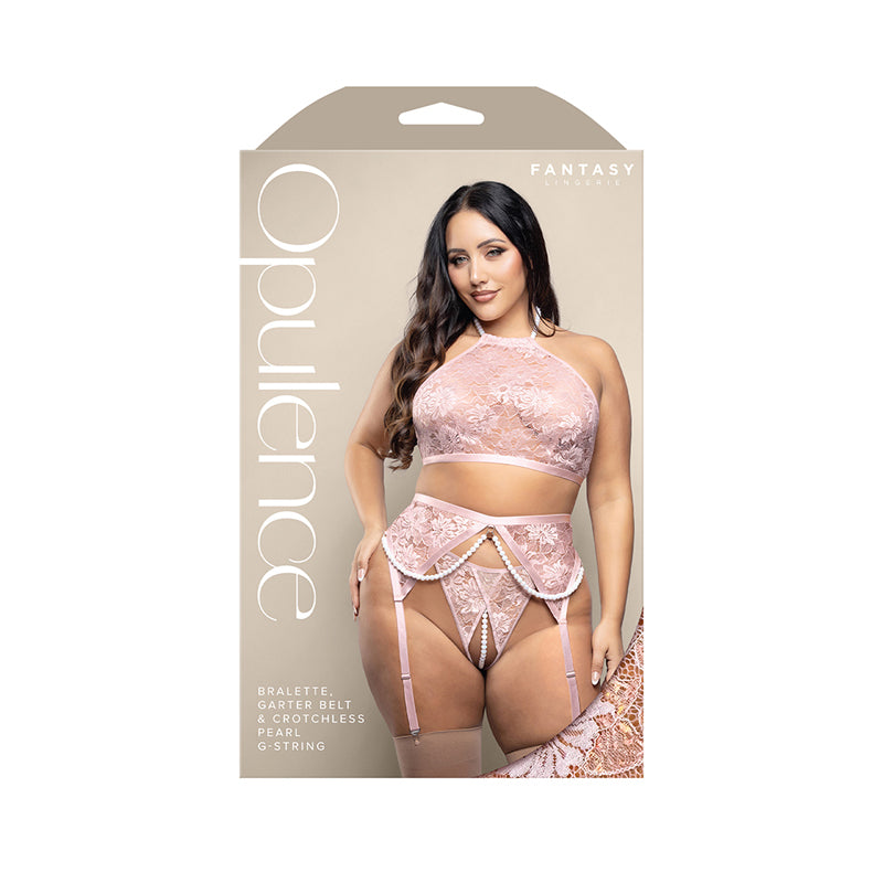 Fantasy Lingerie Opulence Pearl Halter Bralette, Garter Belt & Crotchless Pearl G-String Light Pink Queen Size by Fantasy Lingerie