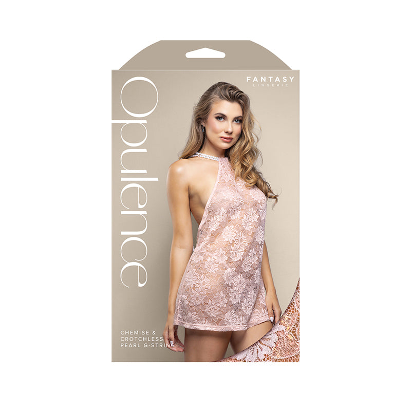 Fantasy Lingerie Opulence Pearl Draped Open-Back Halter Chemise & Crotchless Pearl G-String Light Pink M/L by Fantasy Lingerie