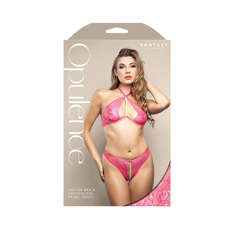 Fantasy Lingerie Opulence Pearl Accent Halter Bra & Adjustable Crotchless Pearl Panty Hot Pink S/M by Fantasy Lingerie