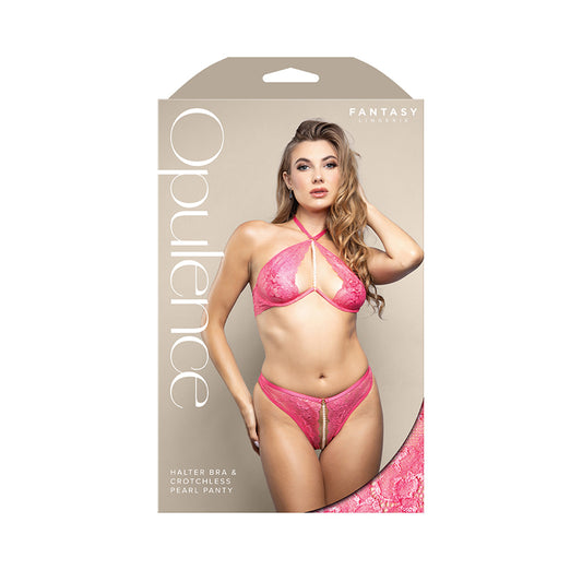 Fantasy Lingerie Opulence Pearl Accent Halter Bra & Adjustable Crotchless Pearl Panty Hot Pink S/M by Fantasy Lingerie