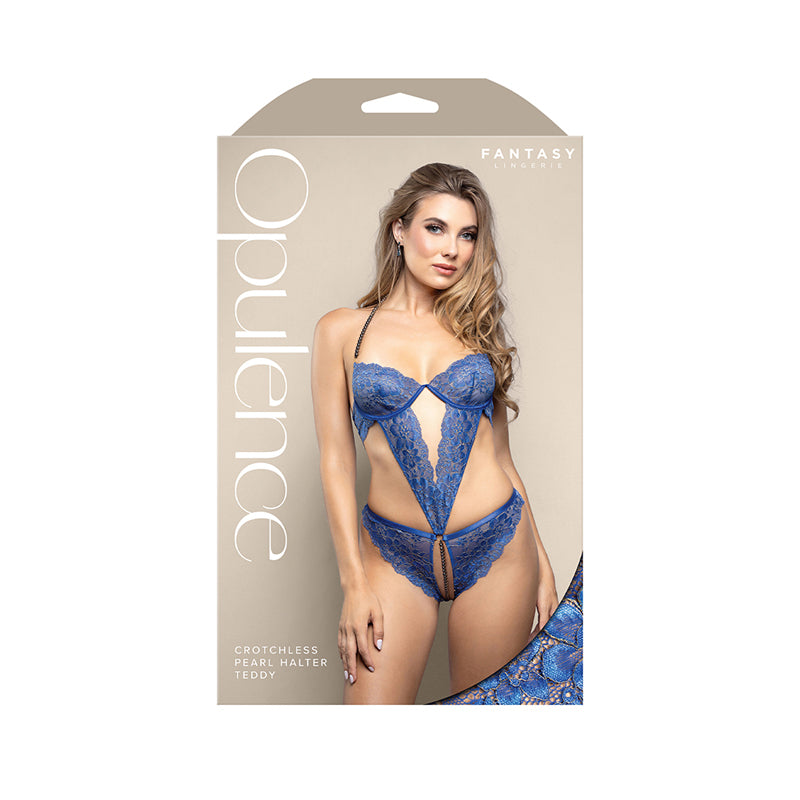 Fantasy Lingerie Opulence Pearl Halter Open Crotch Teddy with Adjustable Pearl String Royal Blue L/XL by Fantasy Lingerie