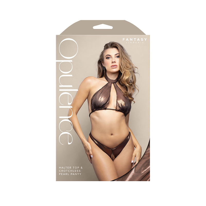 Fantasy Lingerie Opulence Pearl Underbust Halter Top & Adjustable Pearl String Open Panty Chocolate M/L by Fantasy Lingerie
