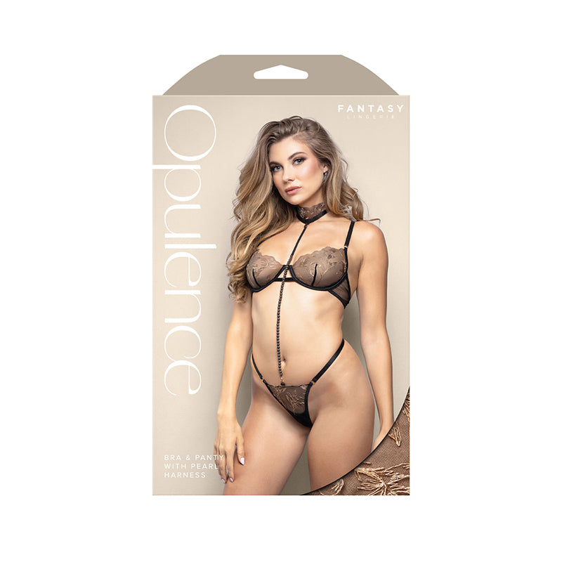 Fantasy Lingerie Opulence Underwire Bra & G-String with Removable Adjustable Pearl String Harness Black L/XL by Fantasy Lingerie