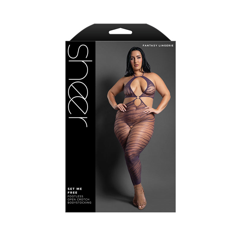 Fantasy Lingerie Sheer Set Me Free Footless Open-Crotch Halter Bodystocking Dark Purple Queen Size by Fantasy Lingerie