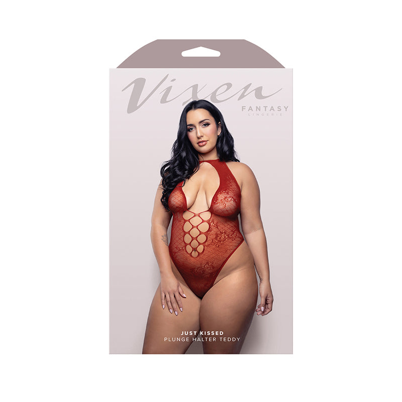 Fantasy Lingerie Vixen Just Kissed Halter Tie Plunge Teddy Red Queen Size by Fantasy Lingerie