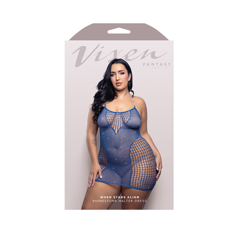 Fantasy Lingerie Vixen When Stars Align Rhinestone Halter Dress Blue Queen Size by Fantasy Lingerie