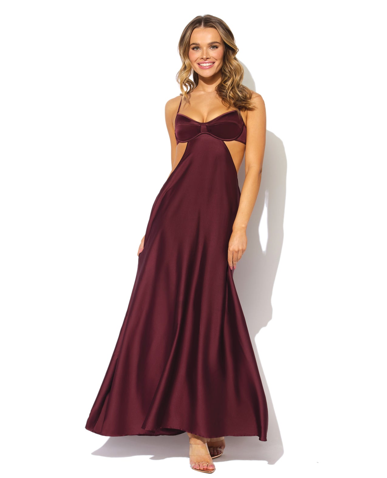 Brigeta Satin Cut Out Long Dress - Burgundy LG by House of Desire