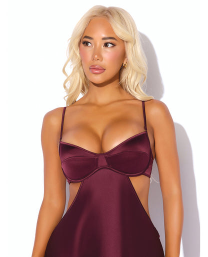 Brigeta Satin Cut Out Long Dress - Burgundy XL by House of Desire