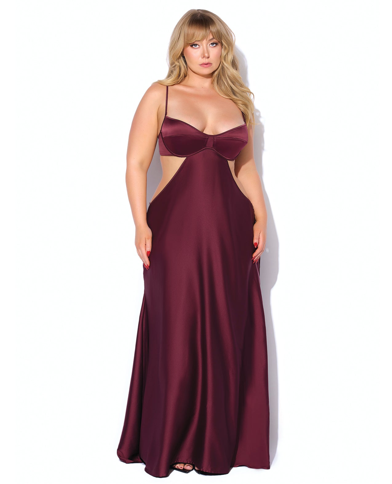 Brigeta Satin Cut Out Long Dress - Burgundy 1X/2X by House of Desire